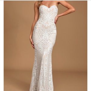 Lulu’s Olivia White Sequin Strapless Maxi Dress